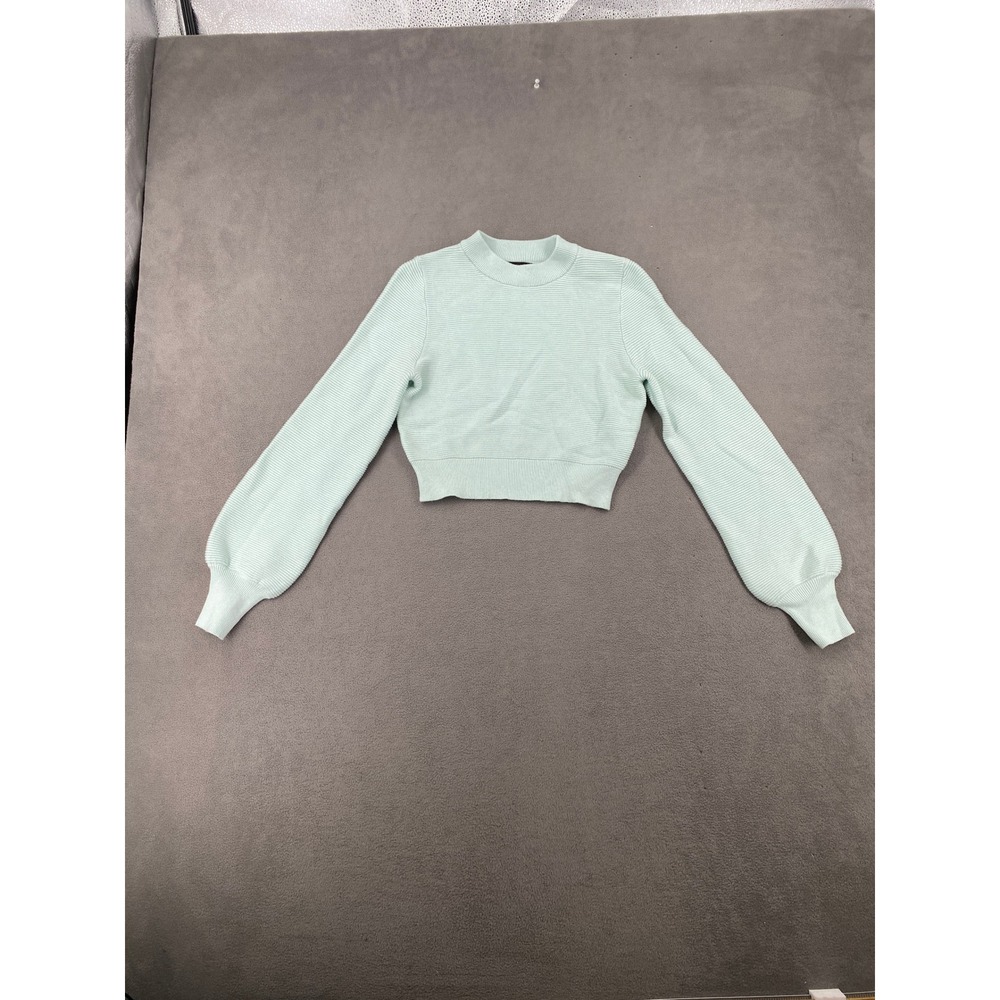 Zesica Mint Green Mock Neck Cropped Ribbed Lantern Sleeve Sweater Small
